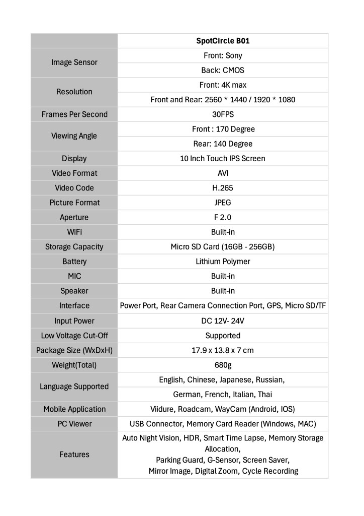 10 inch Mirror dash camera specifications